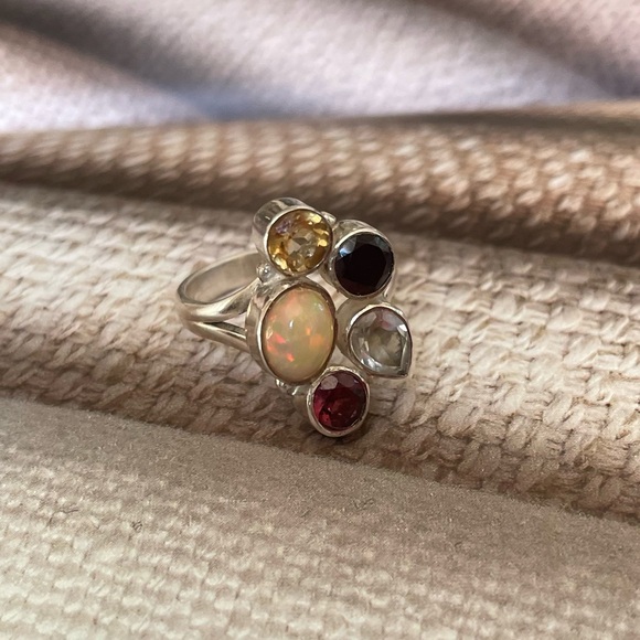 925 silver and natural Opal multi gemstone ring Adjustable Ring!! OS “VIBES” - Picture 15 of 16